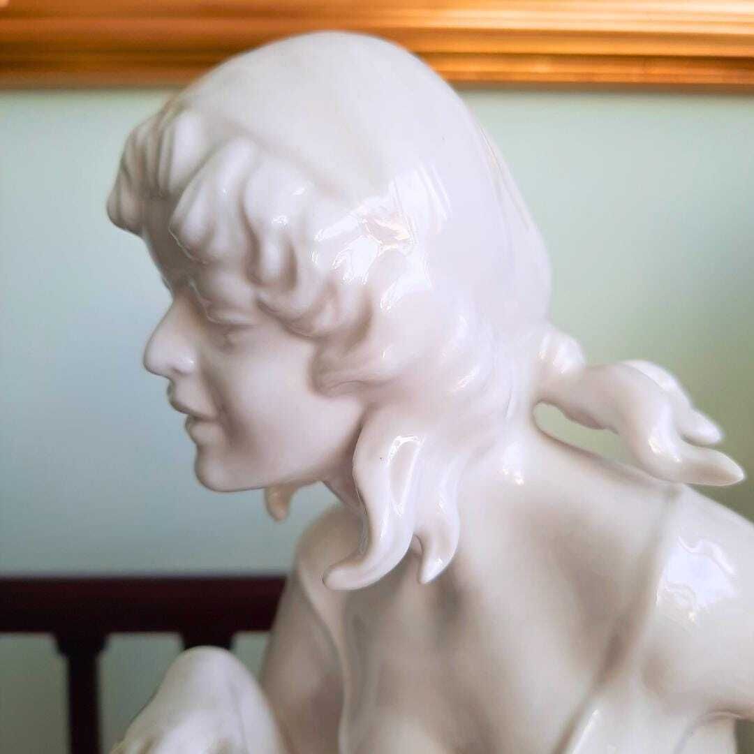 Mid Century Dresden Porcelain Woman With Fish Handcrafted photo furniture