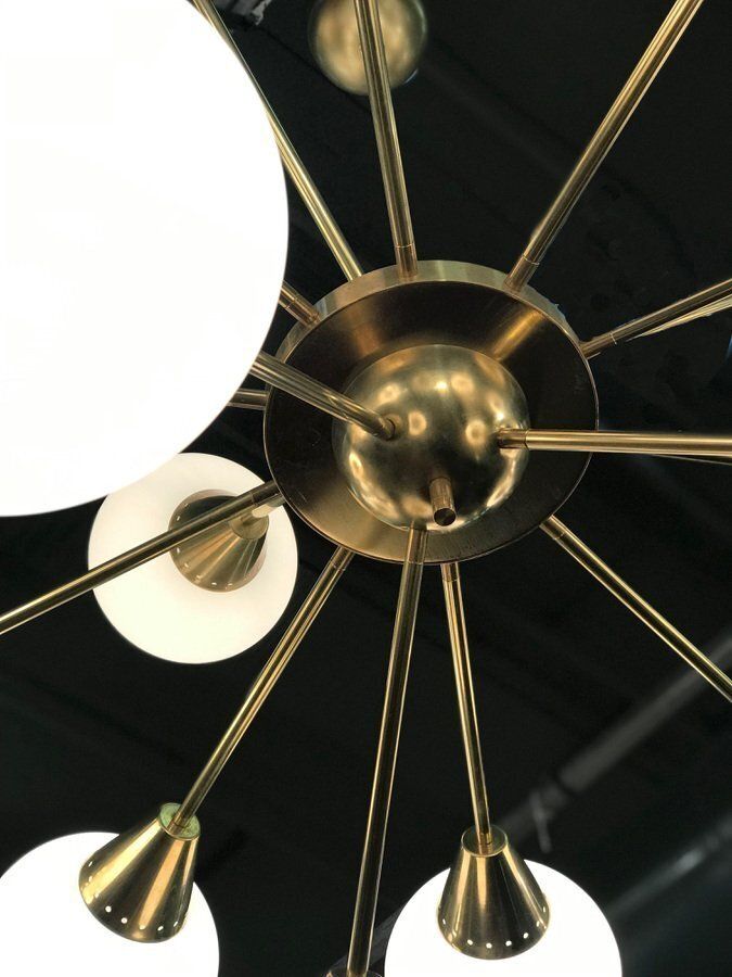 Large Mid Century Italian Brass And Opaline Murano Glass Sputnik Chandelier photo buy