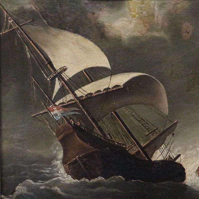 Sailing Ships In A Gale, 1700s, Oil On Cardboard, Framed photo 1696.0