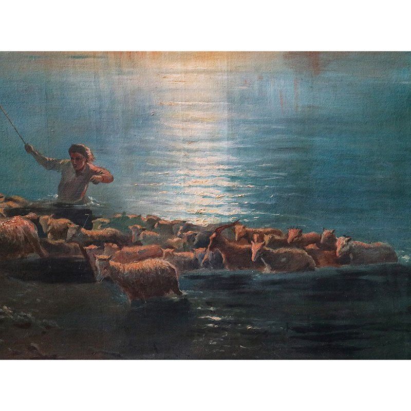 Art Italian Artist, Sunset With Animals And Characters, 1800s, Oil On Canvas, Framed photo