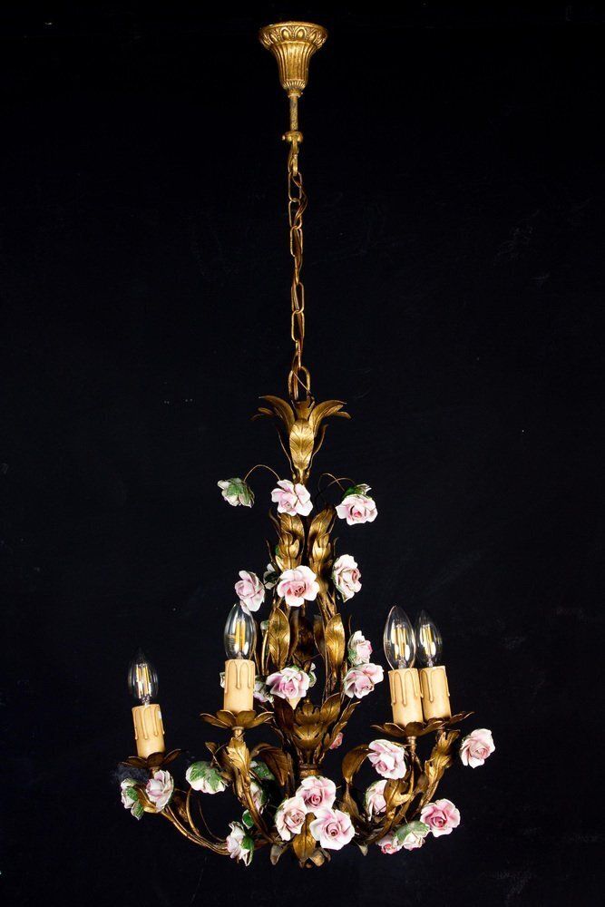 Antique Chandelier With Porcelain Flowers photo Lighting