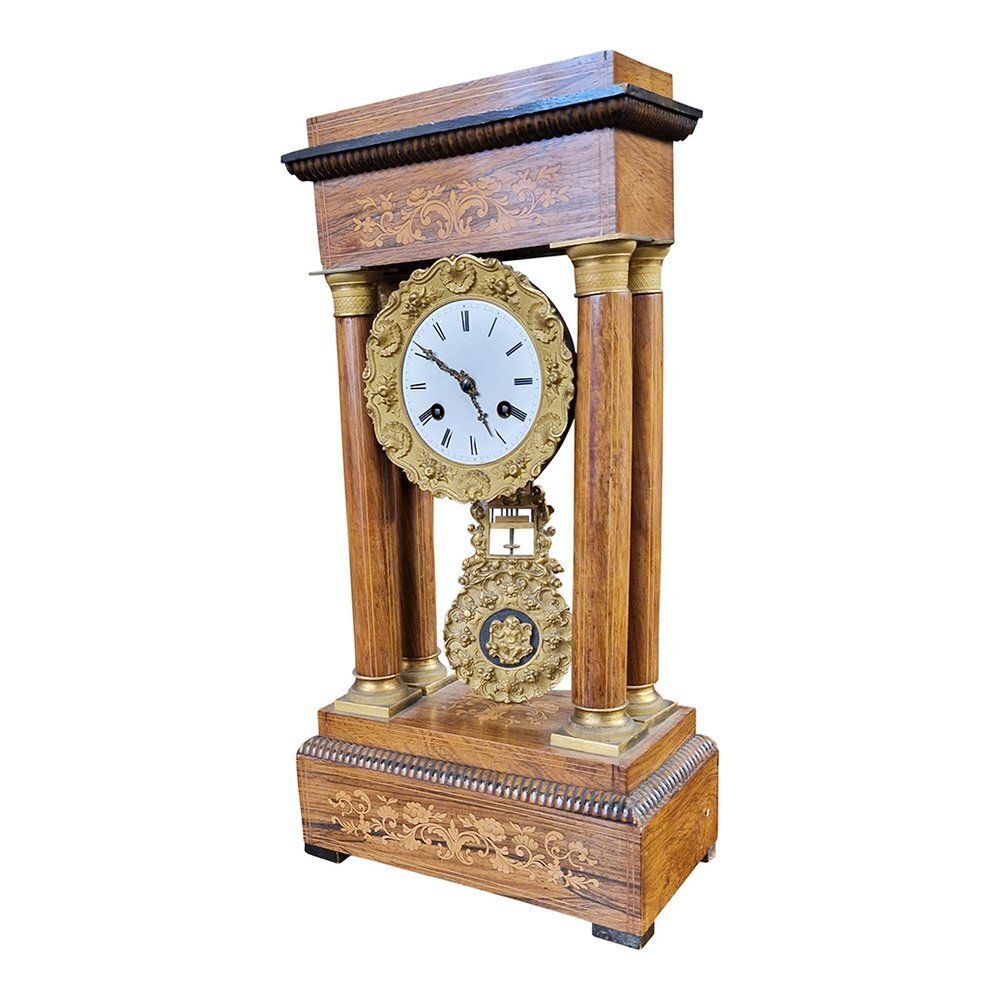 Empire Inlaid Walnut Portal Clock, France, 1850s photo Home Decor