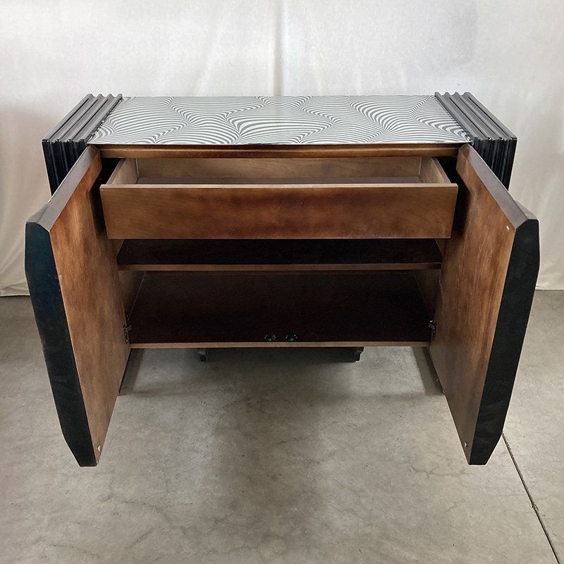 2 Door Sideboard In Black And White Waves Printed Glass, 1980s photo for sale