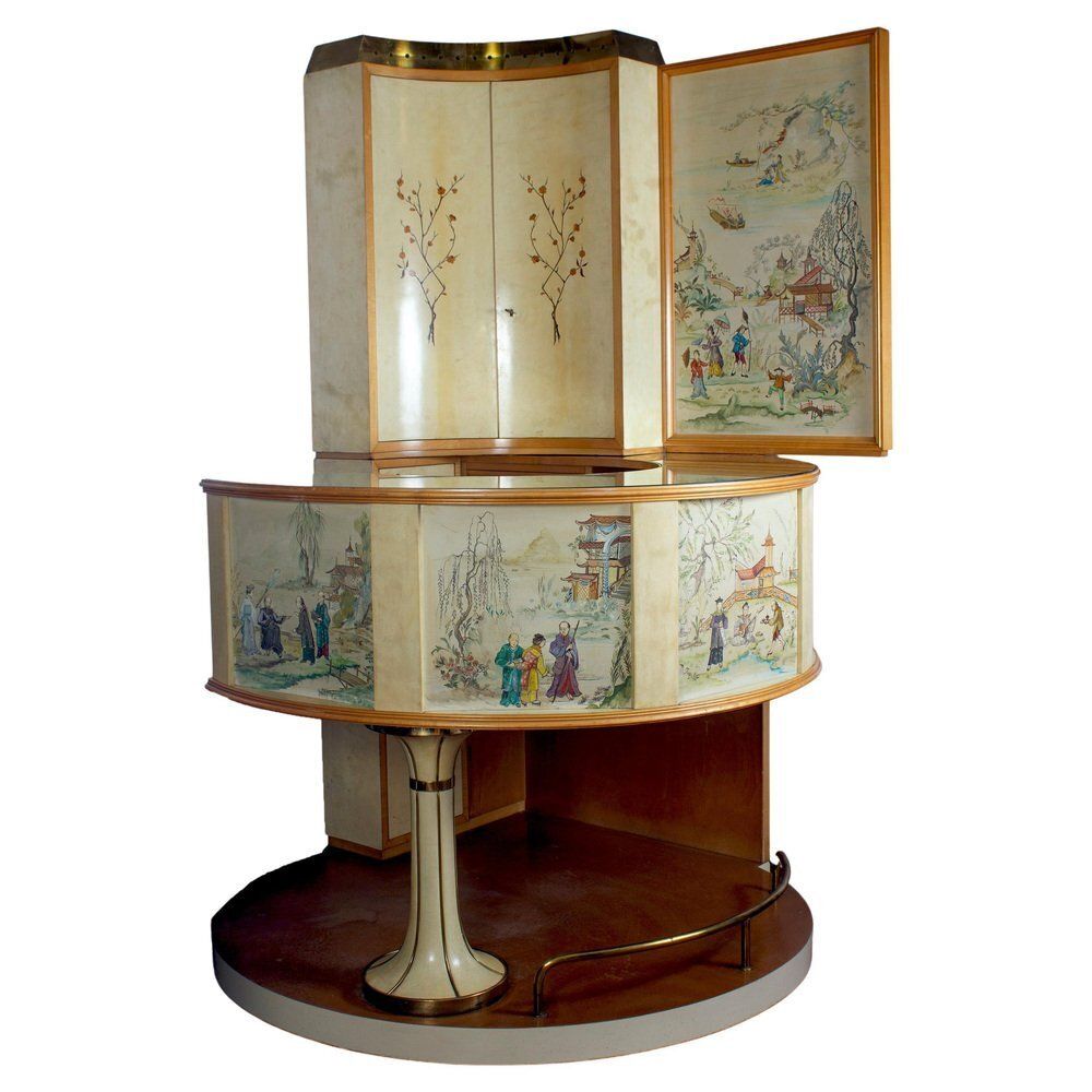 Mid Century Italian Chinoiserie Cocktail Bar And Stools Attributed To Osvaldo Borsani, 1970s, Set Of 3