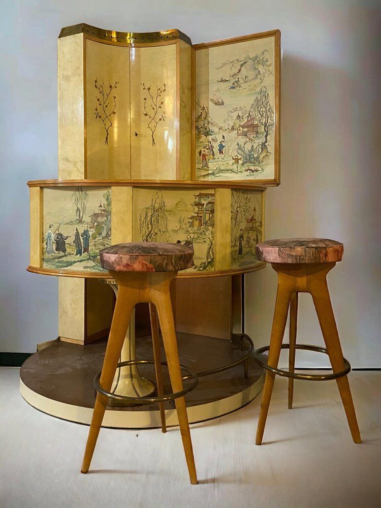 Mid Century Italian Chinoiserie Cocktail Bar And Stools Attributed To Osvaldo Borsani, 1970s, Set Of 3 photo for sale