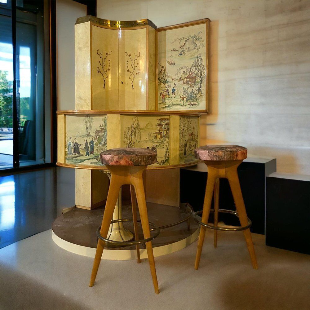Mid Century Italian Chinoiserie Cocktail Bar And Stools Attributed To Osvaldo Borsani, 1970s, Set Of 3 photo Furniture