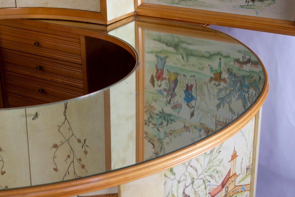Mid Century Italian Chinoiserie Cocktail Bar And Stools Attributed To Osvaldo Borsani, 1970s, Set Of 3 photo buy