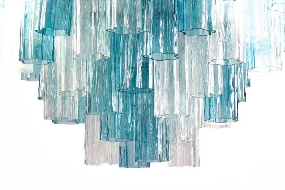 photo for sale Mid Century Blue And Clear Murano Glass Tronchi Chandelier, 1970s