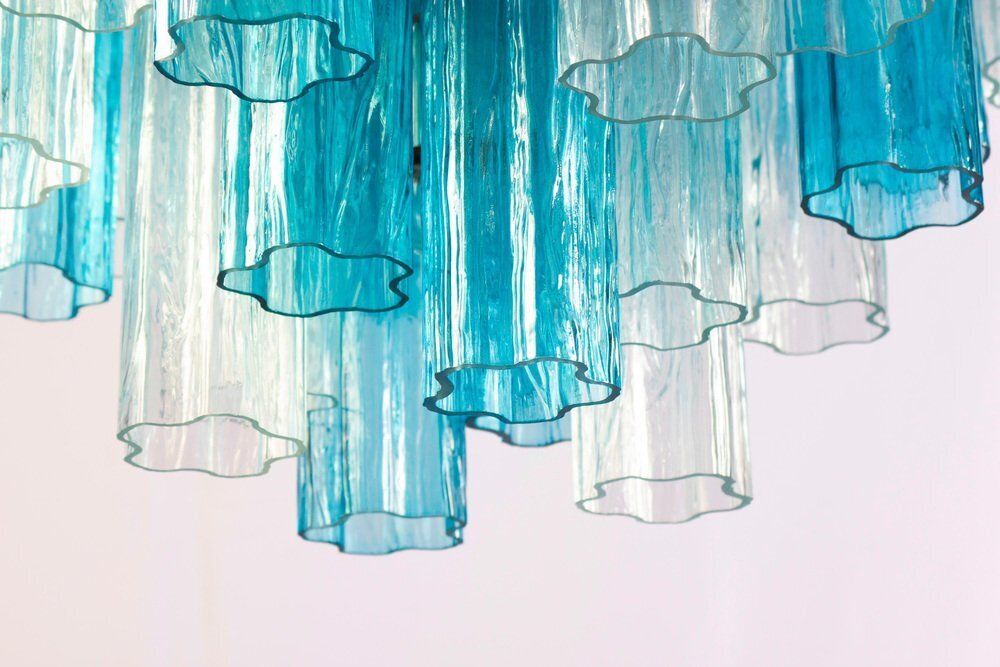 photo buy Mid Century Blue And Clear Murano Glass Tronchi Chandelier, 1970s
