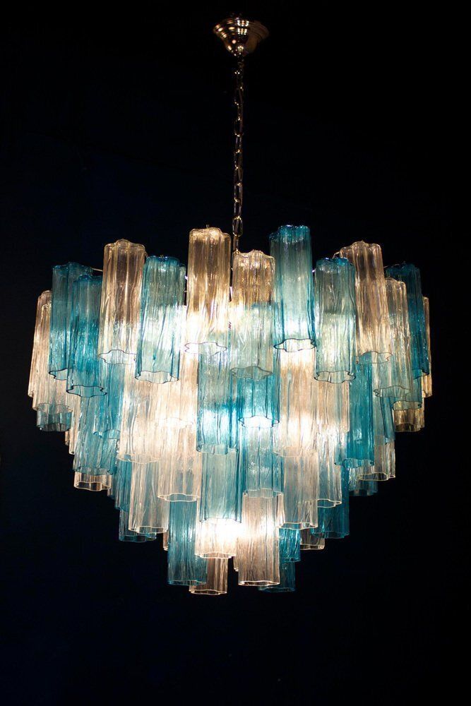 photo vintage Mid Century Blue And Clear Murano Glass Tronchi Chandelier, 1970s