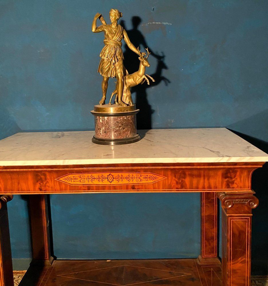 photo for sale 19th Century French Charles X Carrara Marble Top Console Tables, Set Of 2