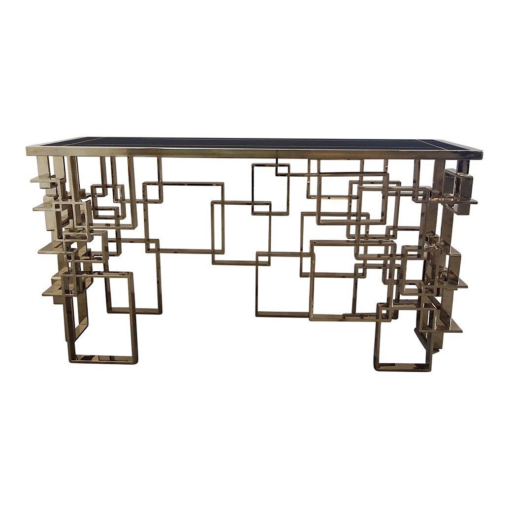 Double Sided Console In Chrome And Gilt Steel With Black Murano Glass Top, 1990s photo furniture