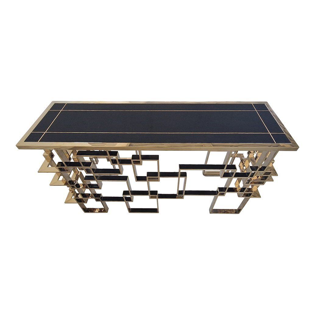 Double Sided Console In Chrome And Gilt Steel With Black Murano Glass Top, 1990s photo buy