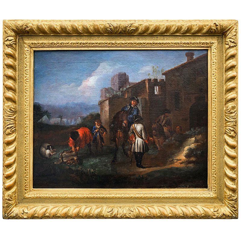 Philips Wouwerman, Knights In Front Of A Coaching Inn And Knights And Bathers At A Stream, 1600s, Oil On Canvases, Set Of 2 photo furniture