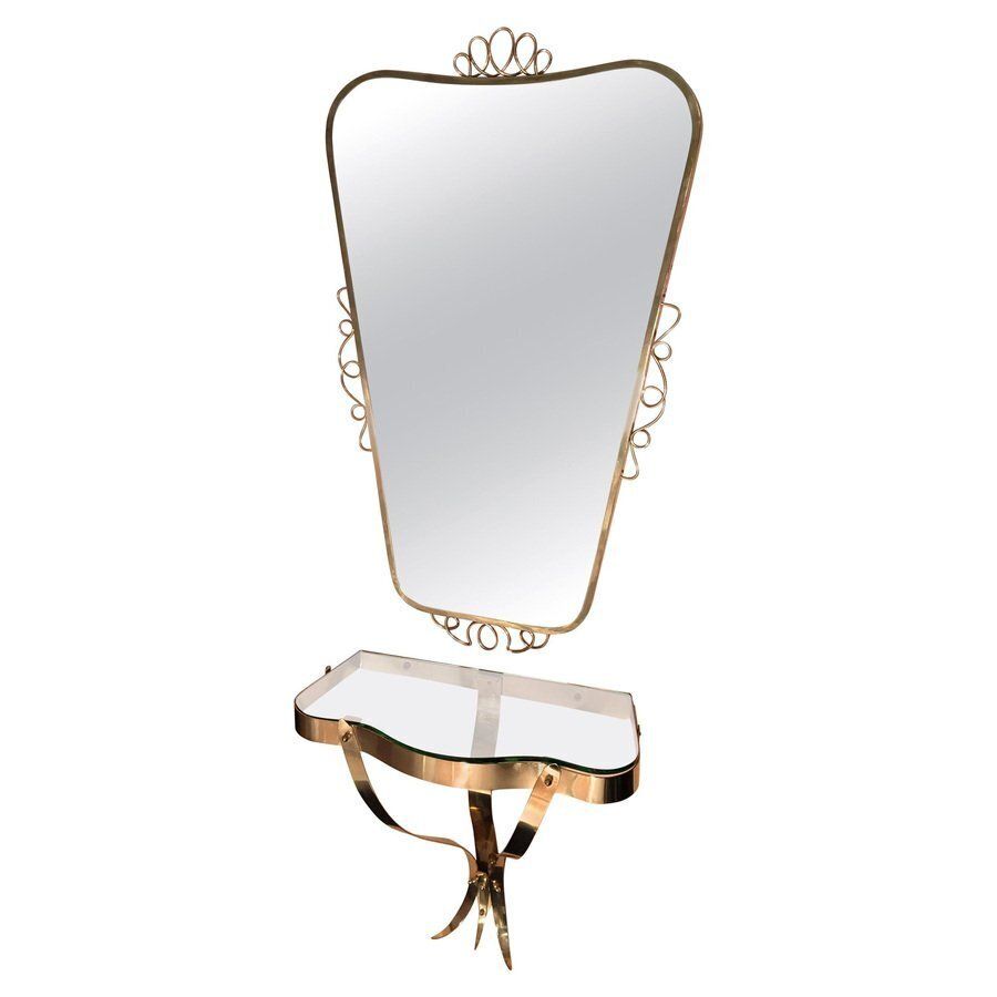 Brass Mirror With Small Console Table In The Style Of Gio Ponti, 1950s, Set Of 2