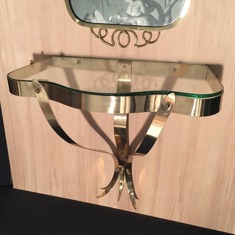Brass Mirror With Small Console Table In The Style Of Gio Ponti, 1950s, Set Of 2 photo for sale