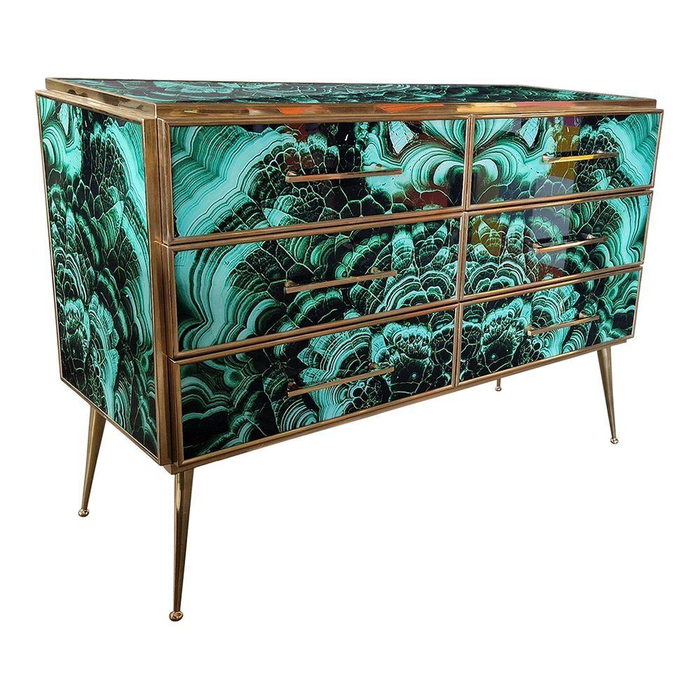 Wooden Dresser In Malachite Glass With Six Drawers, 1980s photo 4586.0