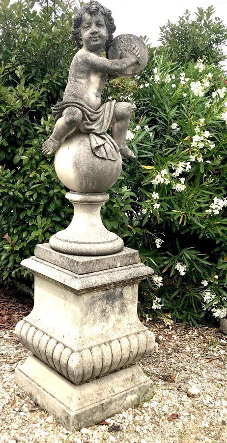 Italian Putto Stone Garden Statues Representing Musicians, Set Of 2 photo 29481.0