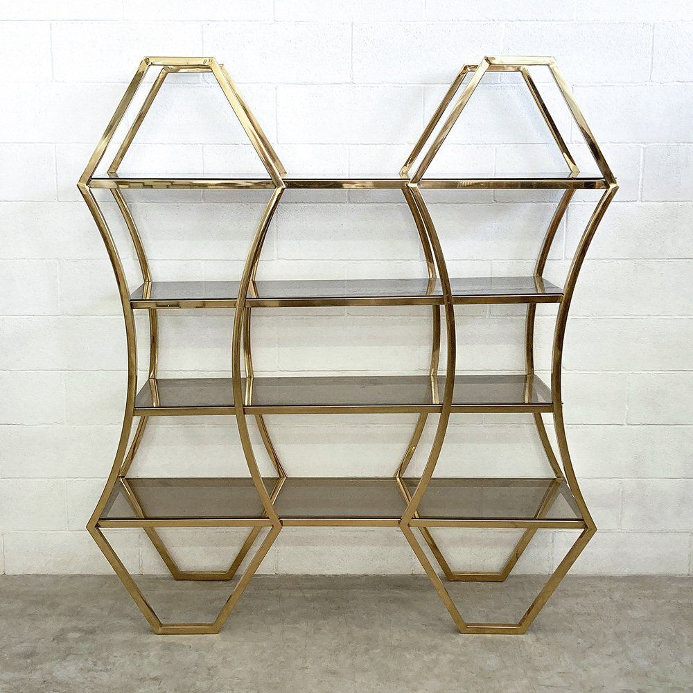 Shelf In Golden Brass And Smoked Glass