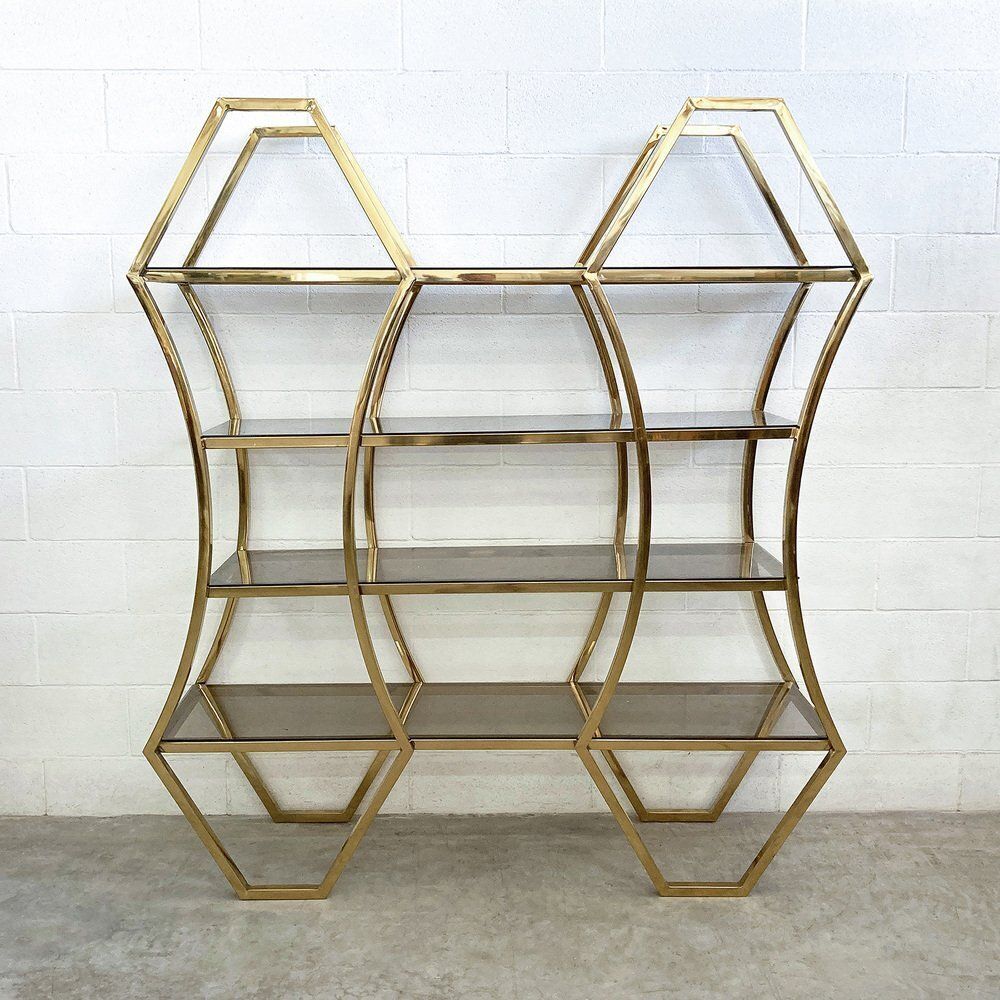 Shelf In Golden Brass And Smoked Glass photo for sale