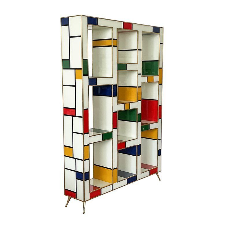 Mondrian Style Wooden Bookcase Covered In Glass, 1980s photo vinterior