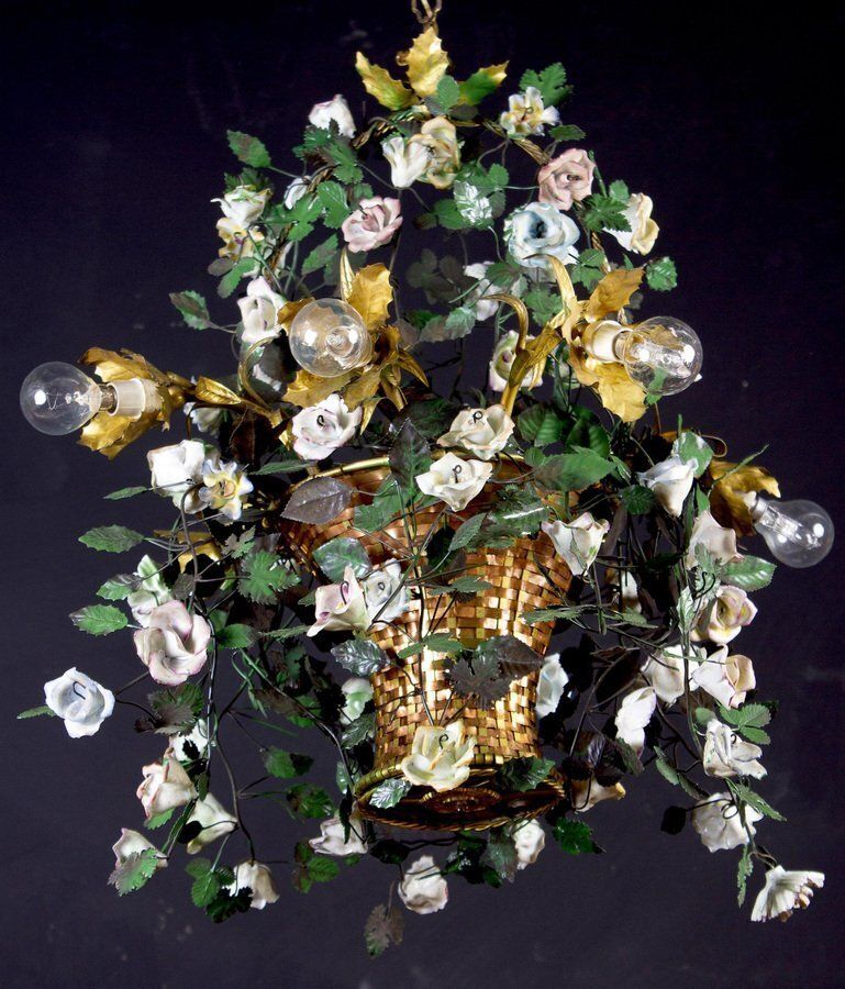 Italian Basket Chandelier With Colorful Porcelain Flowers, 1940s photo furniture