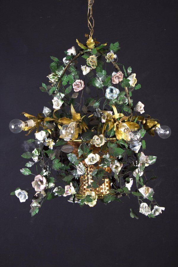 Italian Basket Chandelier With Colorful Porcelain Flowers, 1940s photo Lighting