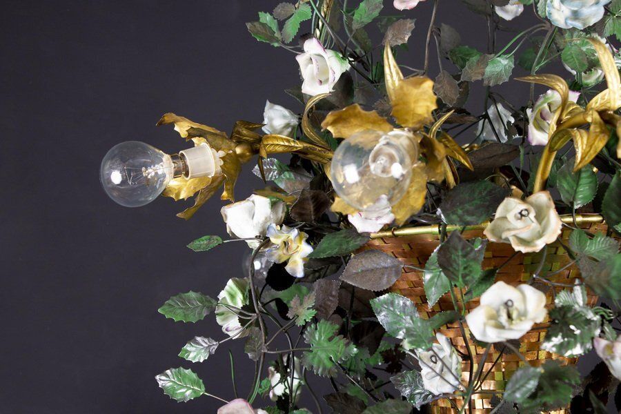 Italian Basket Chandelier With Colorful Porcelain Flowers, 1940s photo vintage