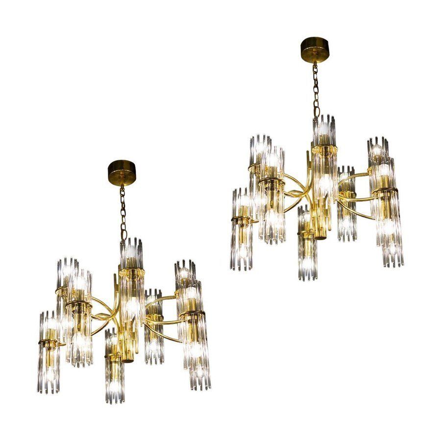 Crystal Rod And Brass Chandelier Or Lantern By Gaetano Sciolari, 1960s