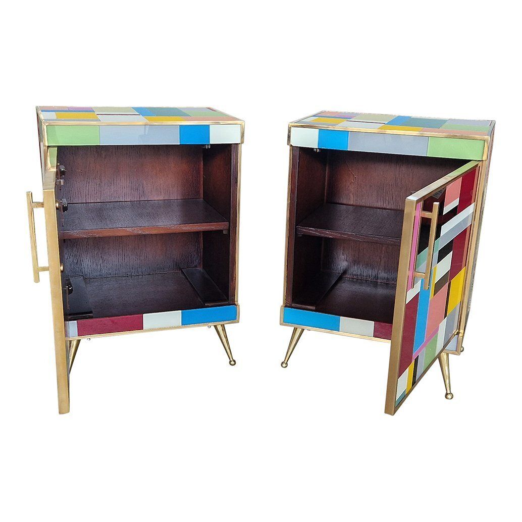 photo for sale Bedside Tables In Wood And Murano Glass, 1980s, Set Of 2