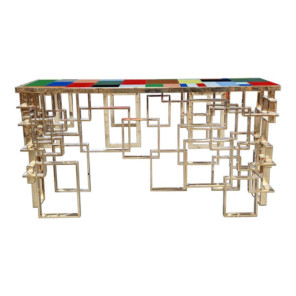 Double Sided Console In Chrome Gold Steel And Multicolored Murano Glass Top, 1980s