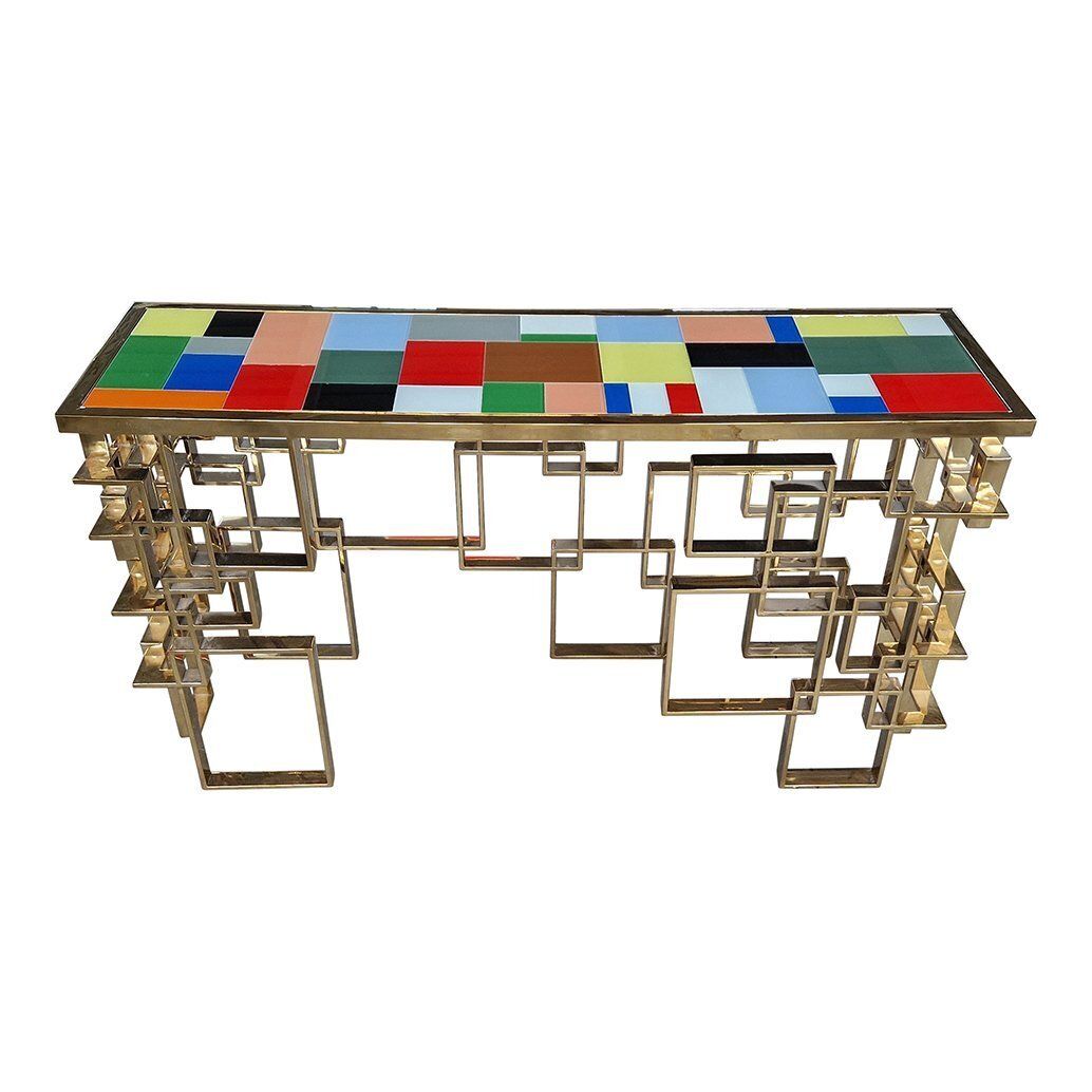 Double Sided Console In Chrome Gold Steel And Multicolored Murano Glass Top, 1980s photo vintage