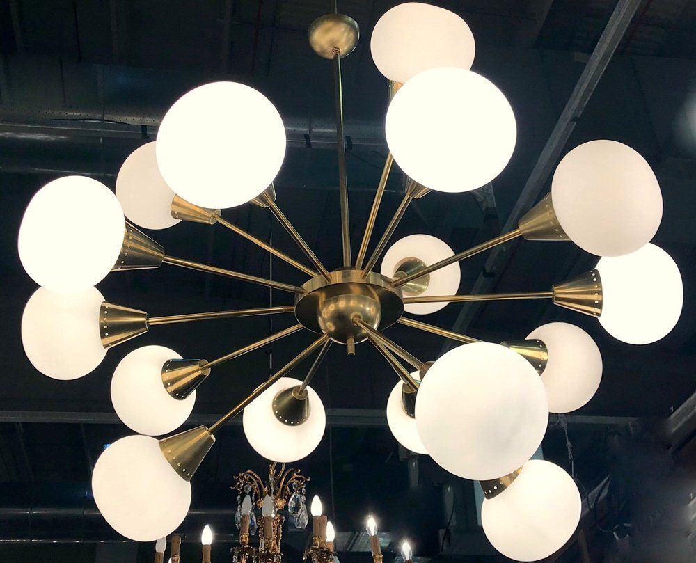 Large Mid Century Brass & Opaline Murano Glass Sputnik Chandelier, 1960s photo furniture