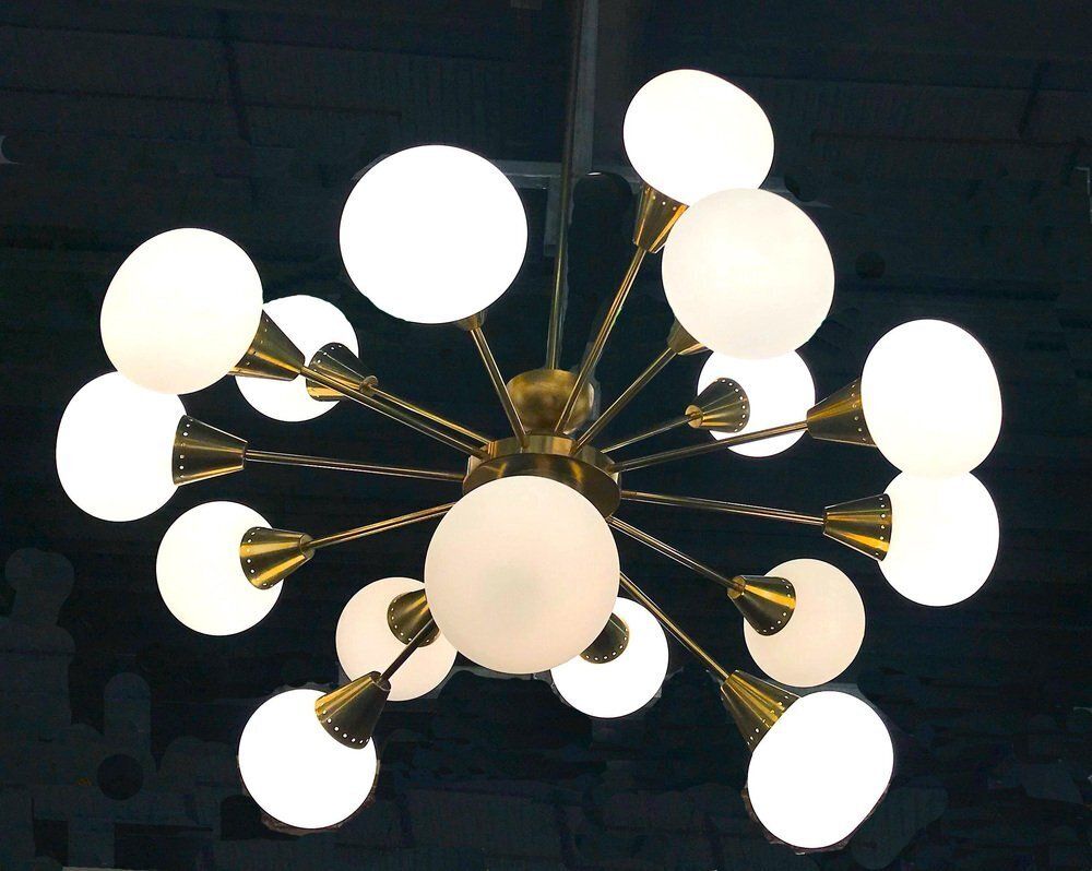 Large Mid Century Brass & Opaline Murano Glass Sputnik Chandelier, 1960s photo Lighting