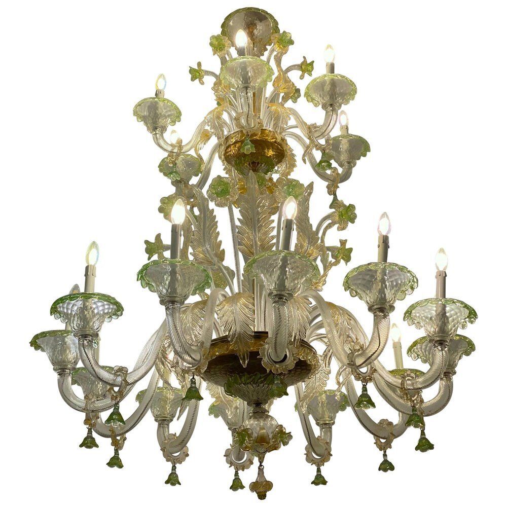 Green And Gold Murano Glass Chandelier, 1990s