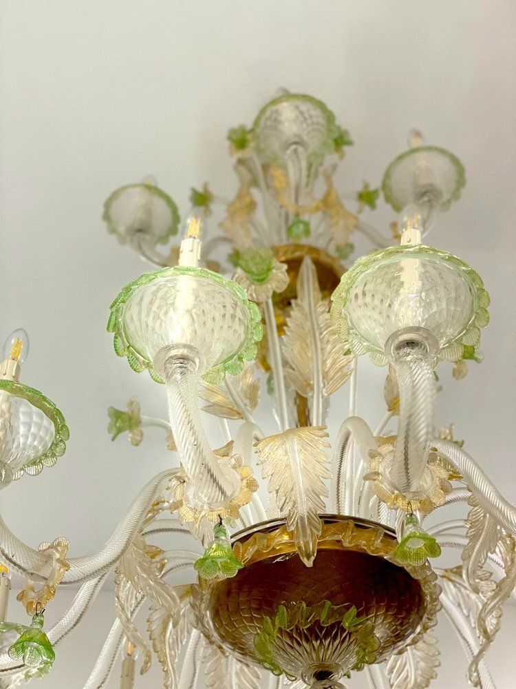 photo vinterior Green And Gold Murano Glass Chandelier, 1990s