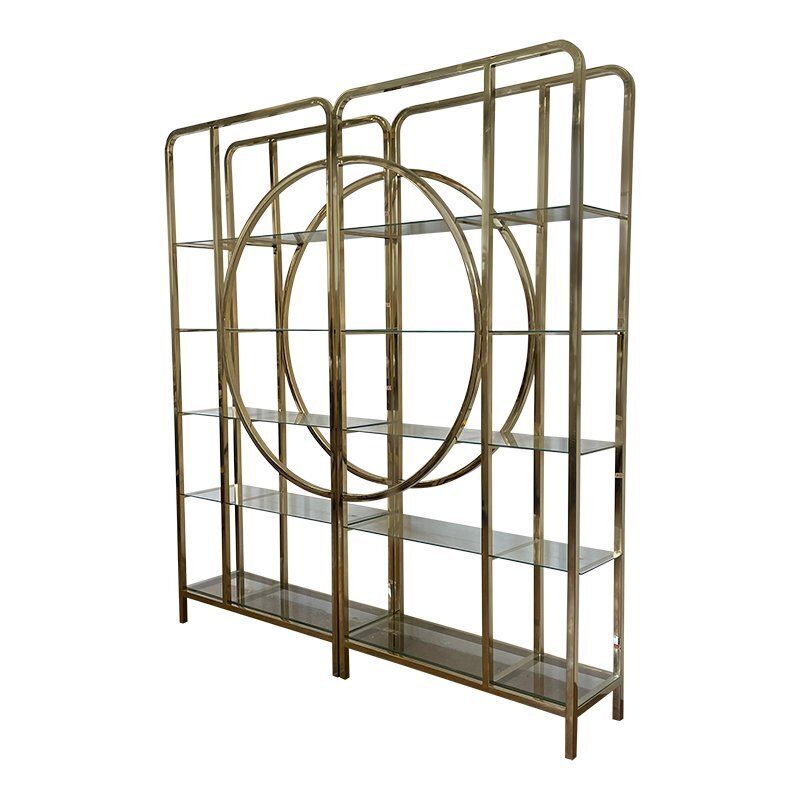 Art Deco Line Bookcase In Chrome Gold Metal And Smoked Glass, 1980s photo vinterior