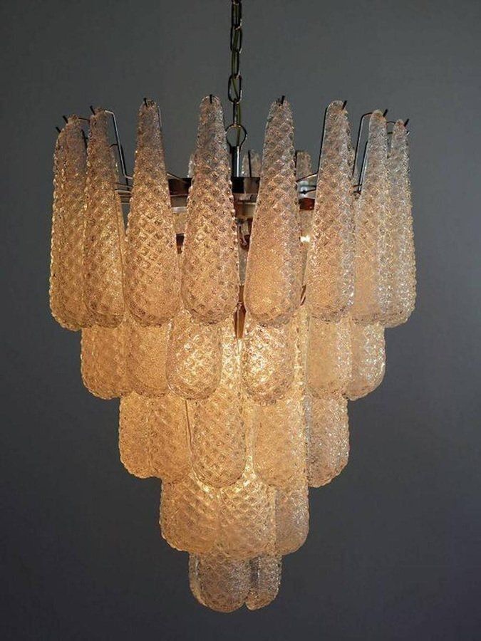 Large Italian Murano Chandelier With 52 Glass Petals Drop, 1970s, Set Of 2 photo vinterior