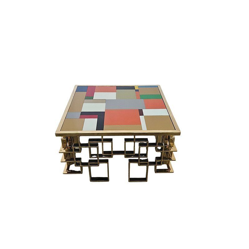 Low Coffee Table In Chrome Gold Steel And Multicolored Murano Glass Top, 1980s photo 4919.0
