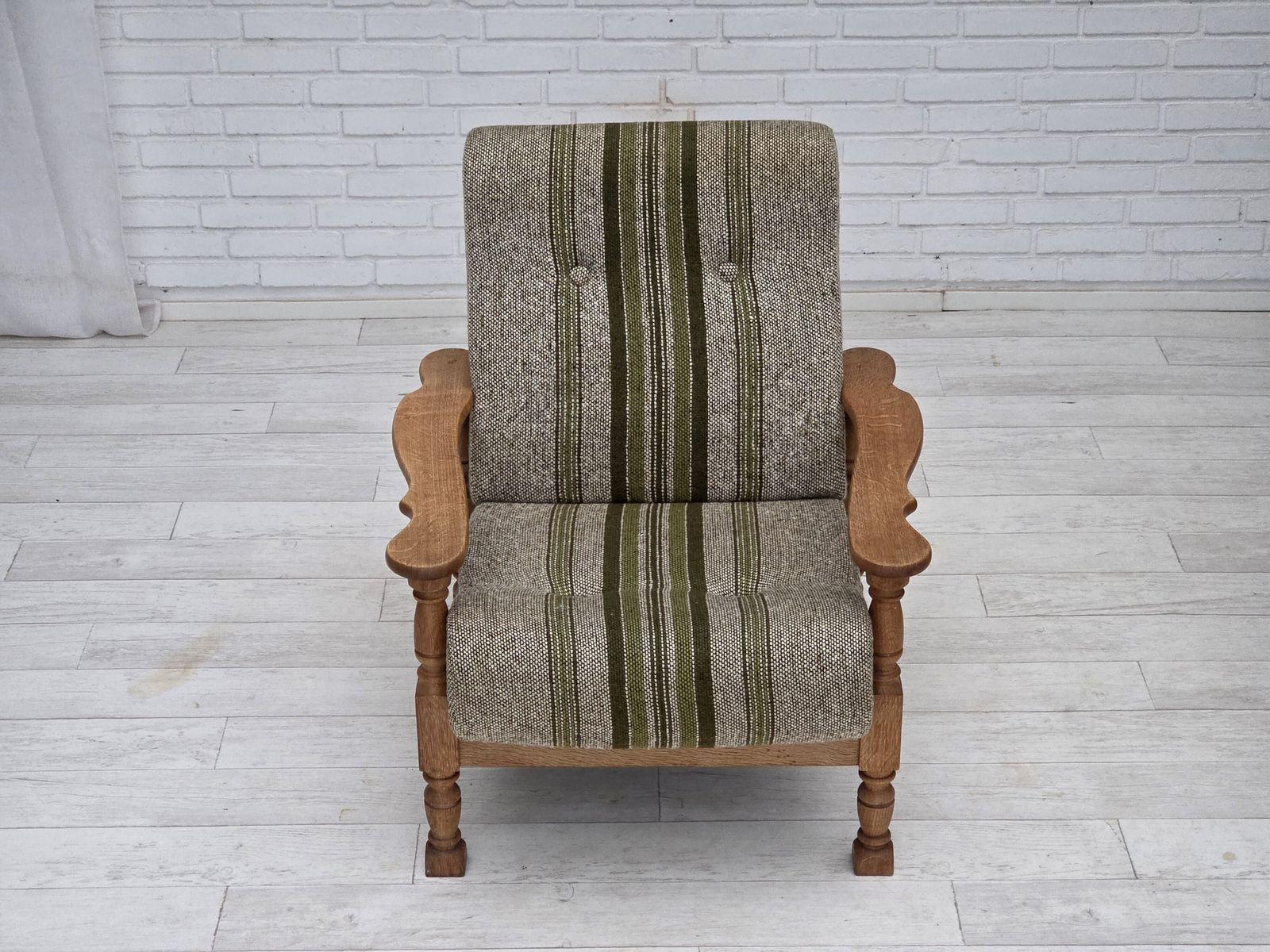 1970s, Danish Armchair, Original Furniture Wool Fabric, Solid Oak Wood. photo buy