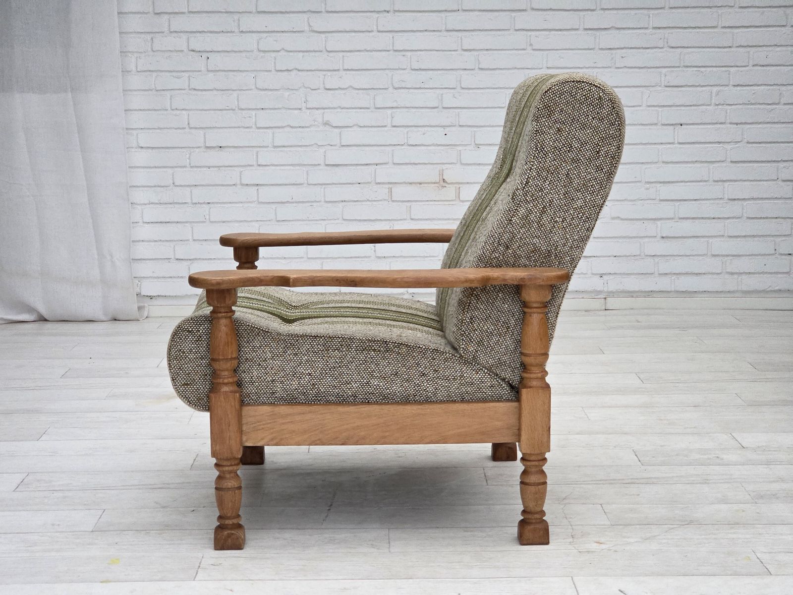 Furniture 1970s, Danish Armchair, Original Furniture Wool Fabric, Solid Oak Wood. photo