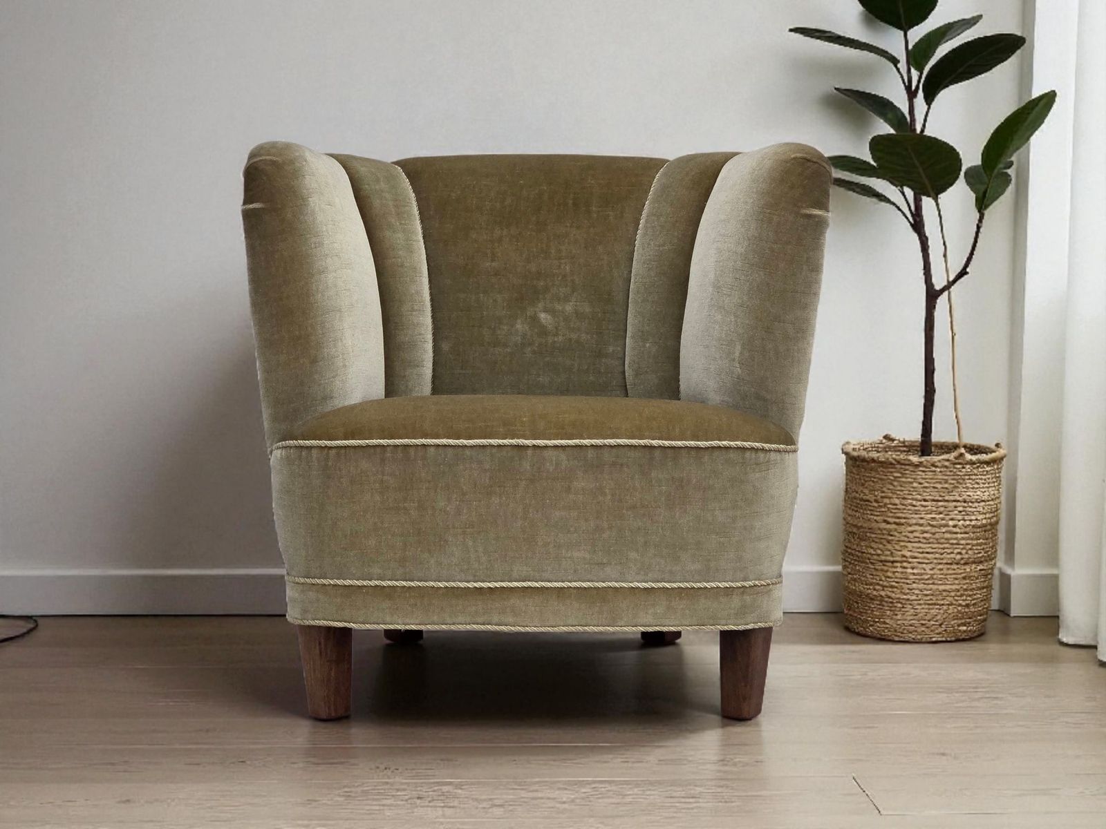 Jaren 1970, Deense Fauteuil, Groen Meubelvelours, Eikenhout.