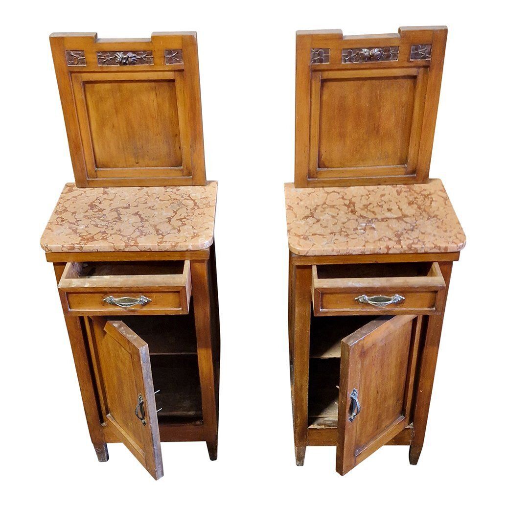 Tall Wooden Bedside Tables With Marble Top, 1970s, Set Of 2