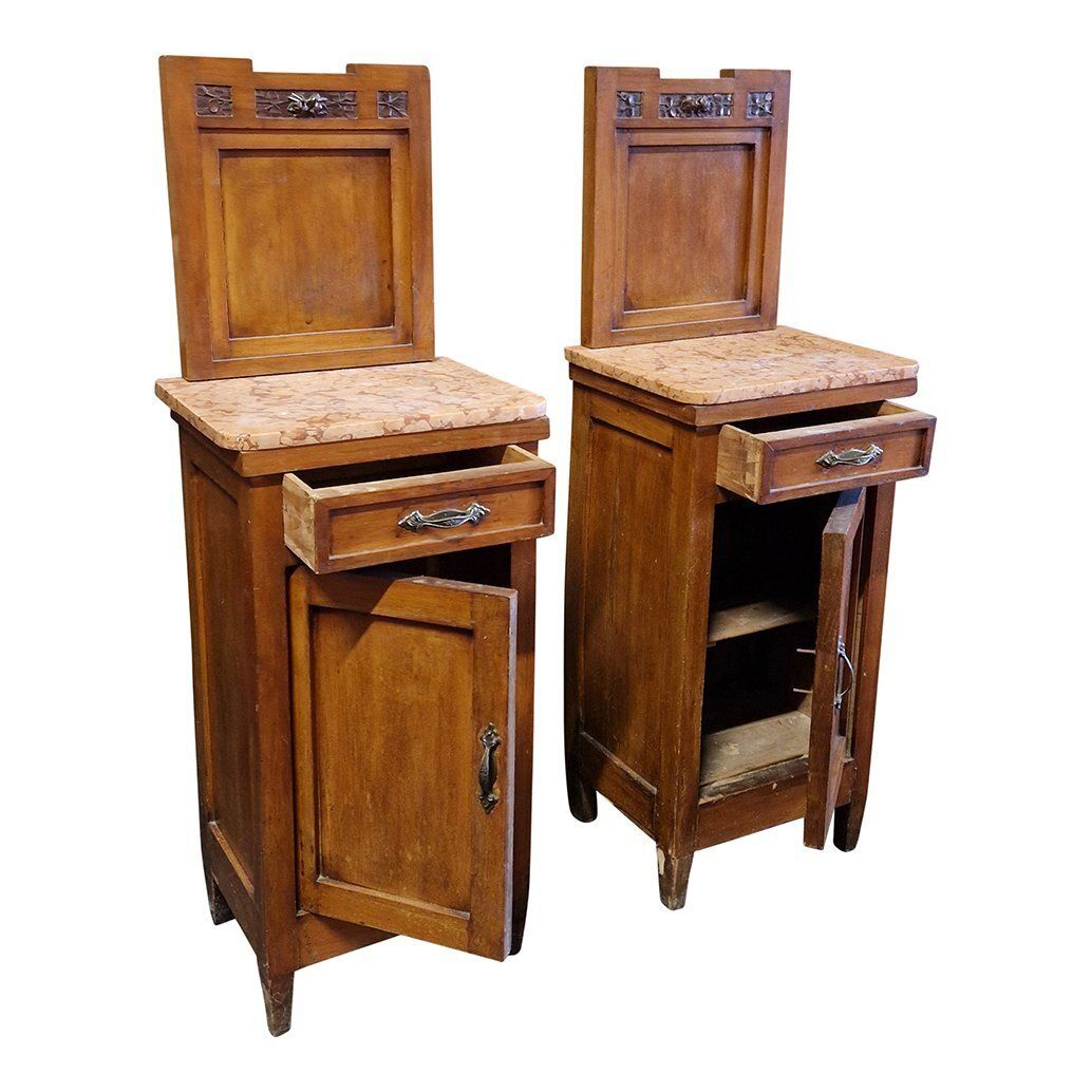 Tall Wooden Bedside Tables With Marble Top, 1970s, Set Of 2 photo vinterior