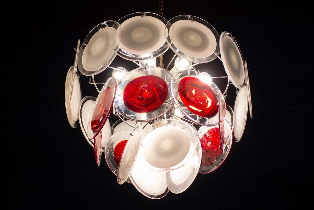White And Red Murano Glass Disc Chandelier By Vistosi, 1970s photo Lighting