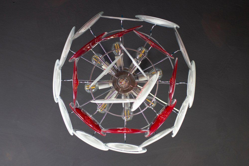 photo vinterior White And Red Murano Glass Disc Chandelier By Vistosi, 1970s