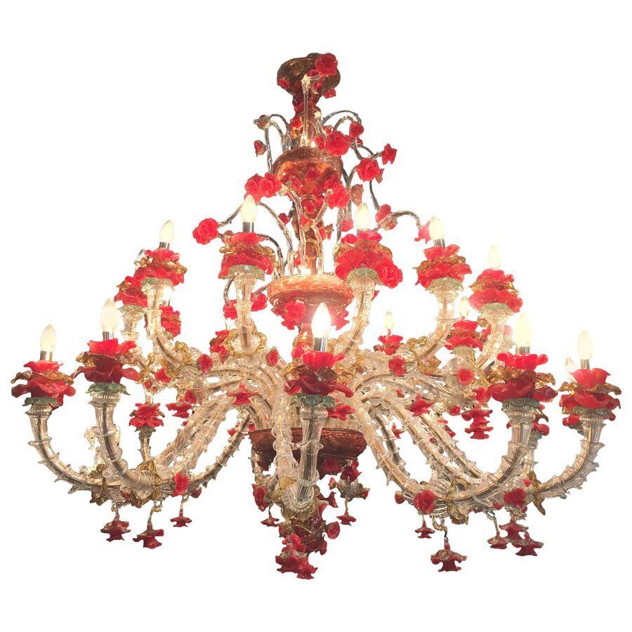 Red And Gold Murano Glass Chandelier, 1980s