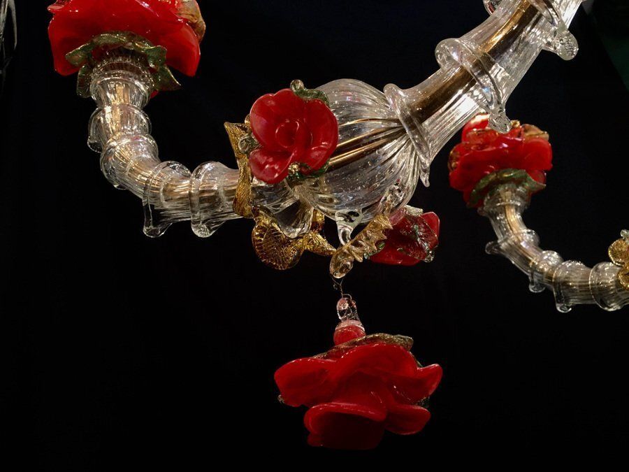 photo for sale Red And Gold Murano Glass Chandelier, 1980s