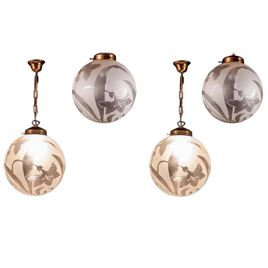 Liberty Engraved Glass Sphere Chandelier Or Lantern, Italy, 1940 photo for sale