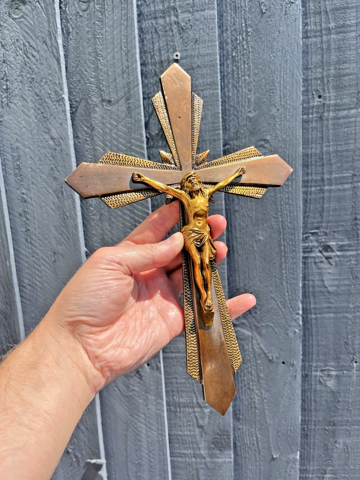 Antique Art Deco French Brass Bronzed Wall Hanging Crucifix Church Cross Jesus